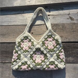 Chic Crochet Shoulder Bag - Ivory, Pink, and Green